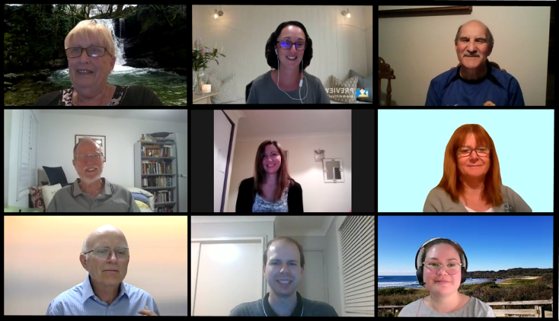 Zoom meeting on 7 October, 2020, with recently inducted new members: Cathryn (centre panel) and Alice (bottom right panel).